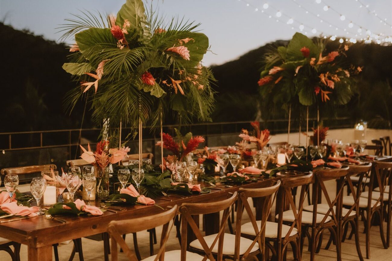 costa rica A long table set up for a wedding party.