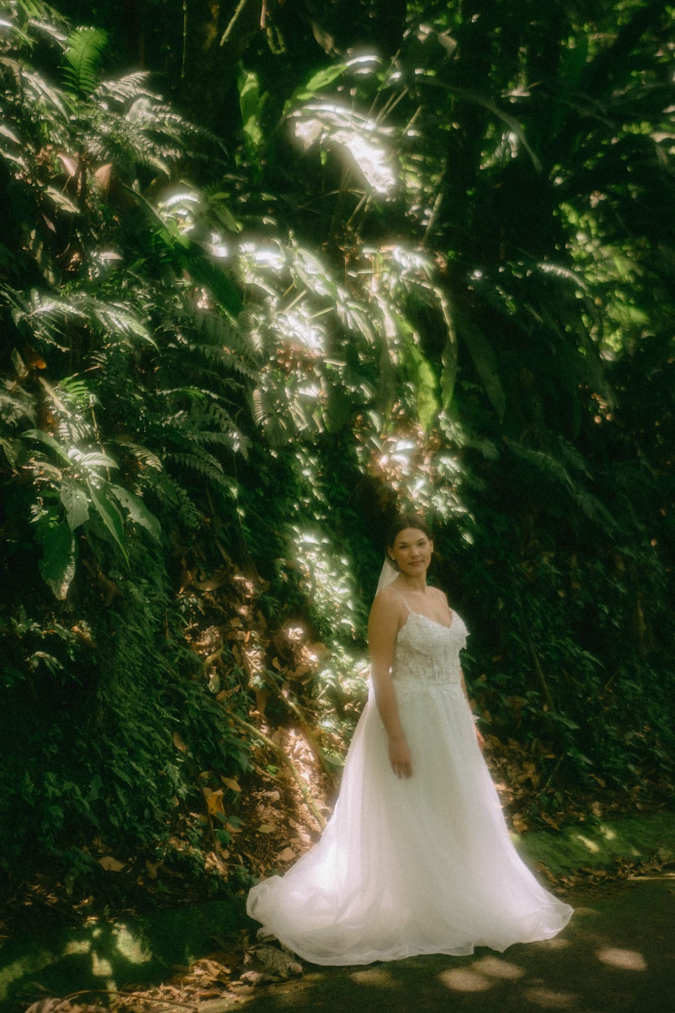 A bride stands among dense green foliage with dappled sunlight falling across her dress